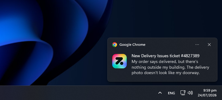 A Zentip ticket notification displayed as a desktop notification banner